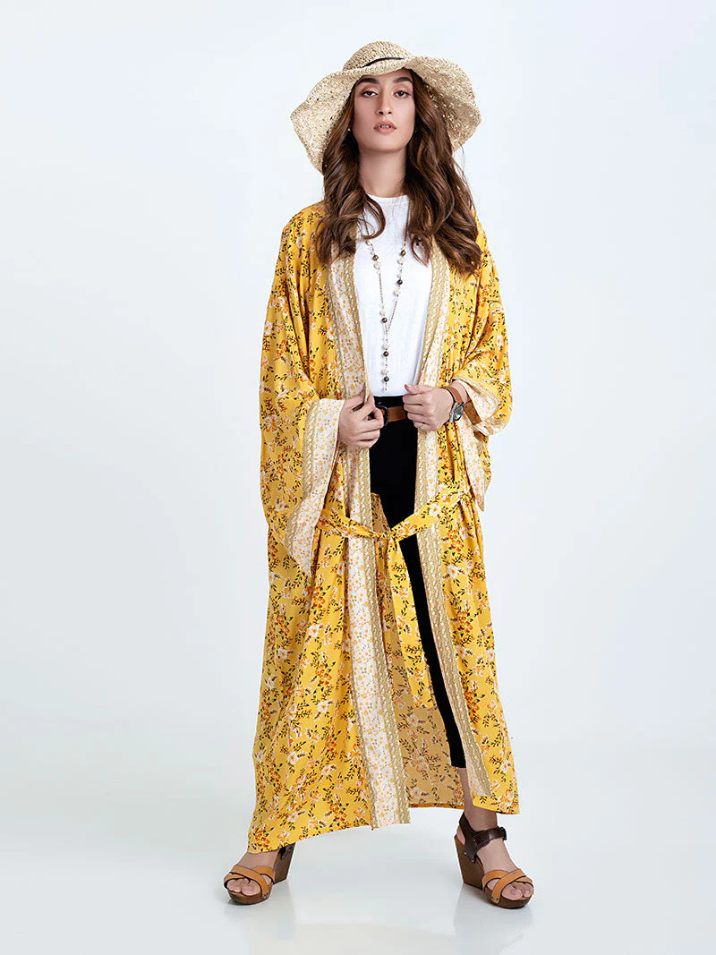 Bridal Party Wear Floral Print Yellow Color Cotton Long Length Gown Robe Kimono - Image 3