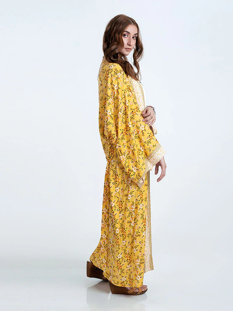 Bridal Party Wear Floral Print Yellow Color Cotton Long Length Gown Robe Kimono - Image 4