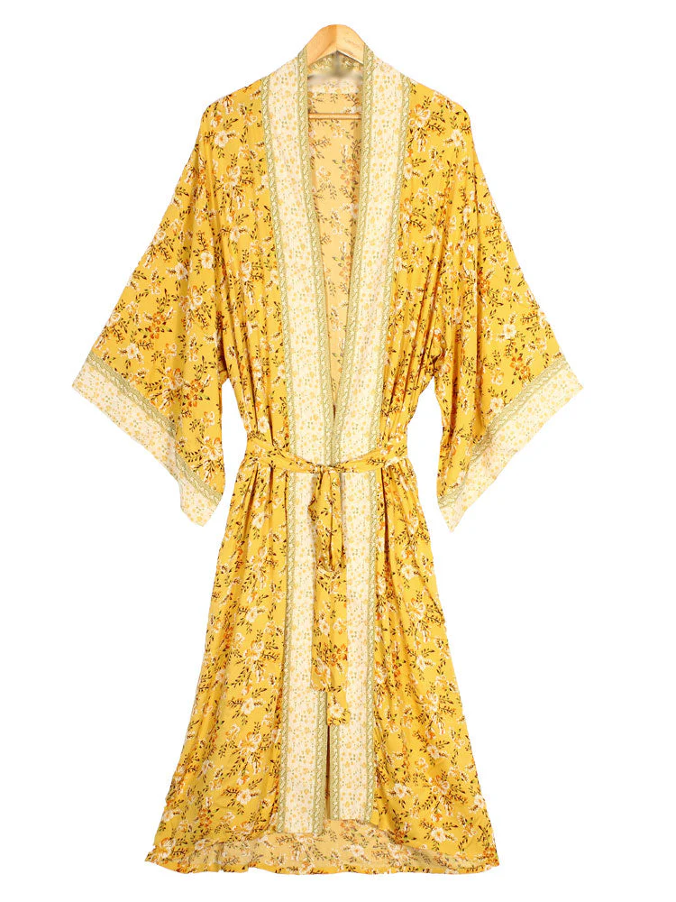 Bridal Party Wear Floral Print Yellow Color Cotton Long Length Gown Robe Kimono - Image 5
