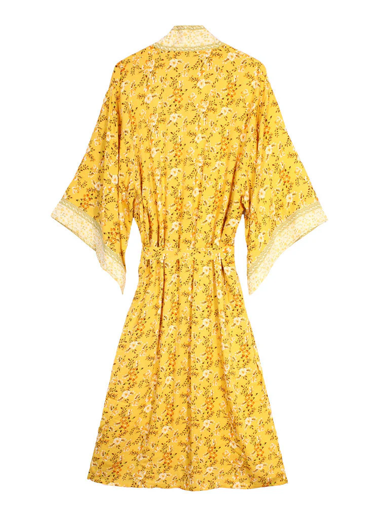 Bridal Party Wear Floral Print Yellow Color Cotton Long Length Gown Robe Kimono - Image 6