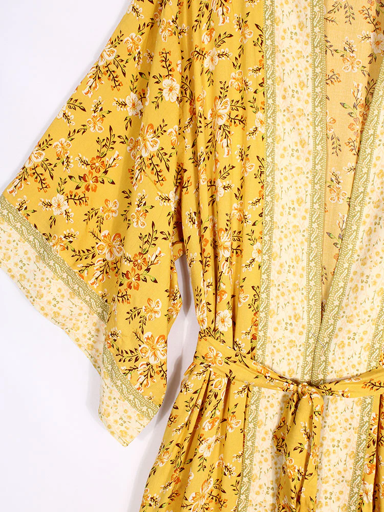 Bridal Party Wear Floral Print Yellow Color Cotton Long Length Gown Robe Kimono - Image 7