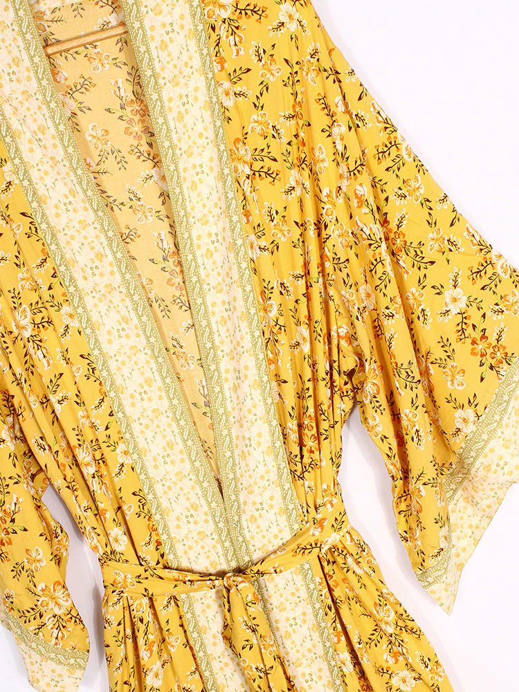 Bridal Party Wear Floral Print Yellow Color Cotton Long Length Gown Robe Kimono - Image 8