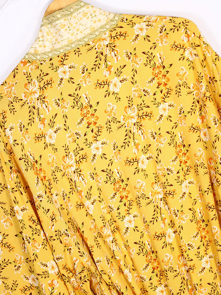 Bridal Party Wear Floral Print Yellow Color Cotton Long Length Gown Robe Kimono - Image 9