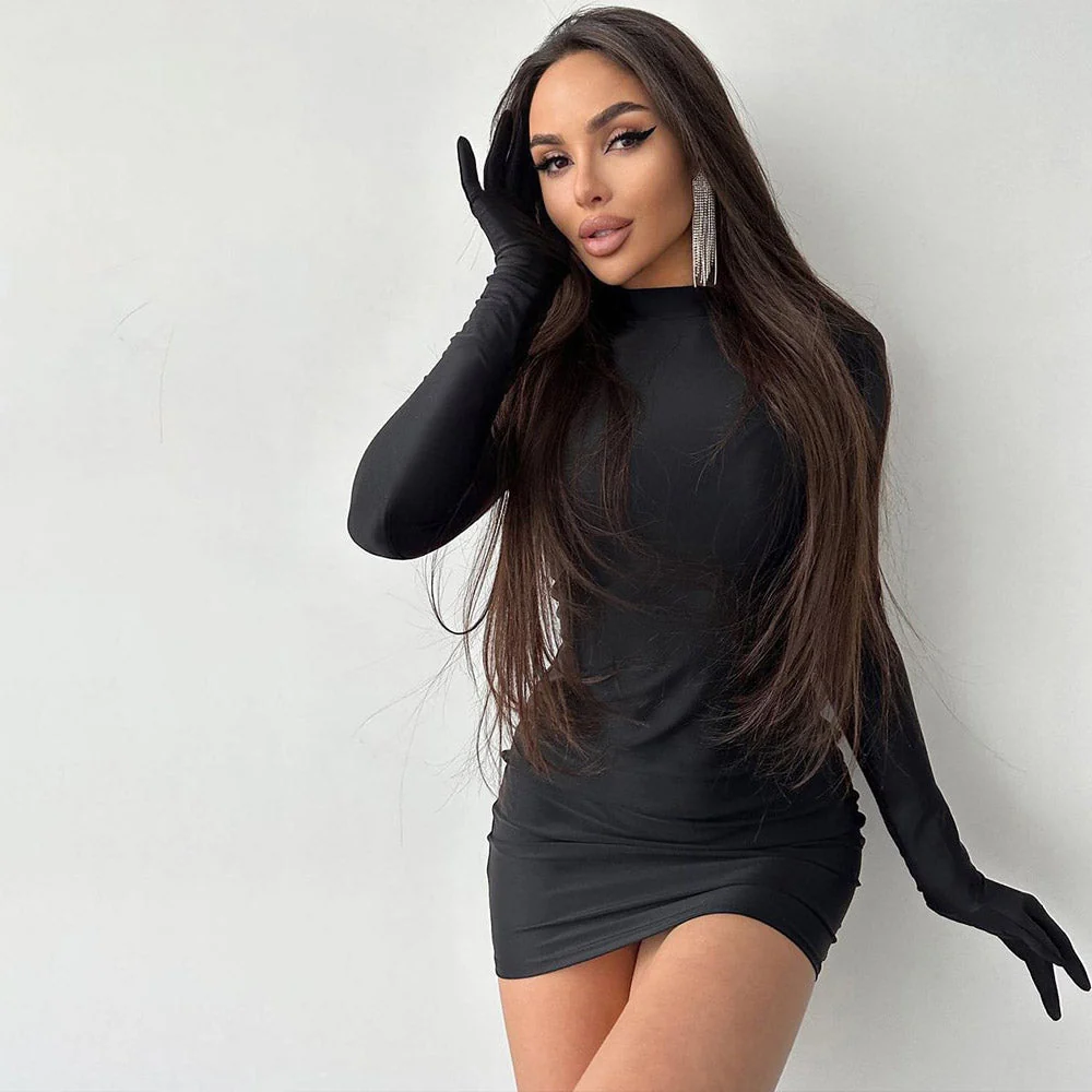 YASU SOLID LOND Sleeve Mini Dress with GLOVES - Image 3