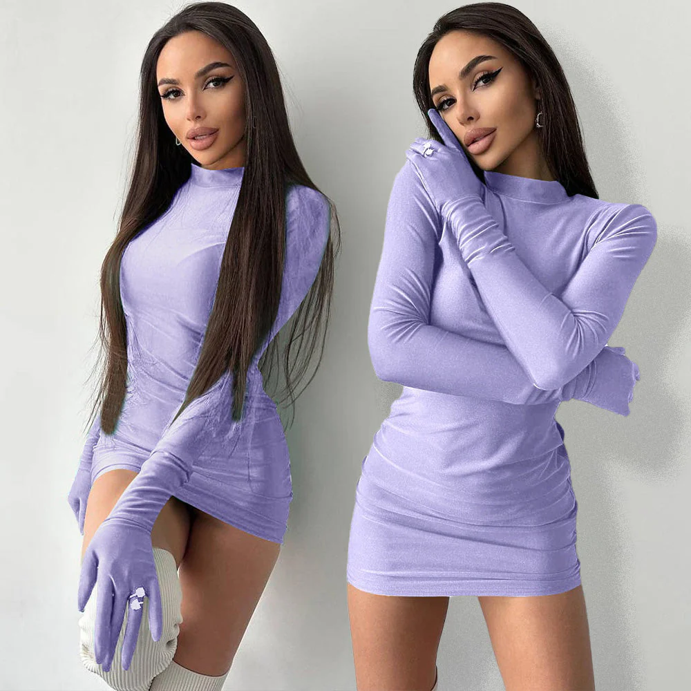 YASU SOLID LOND Sleeve Mini Dress with GLOVES - Image 5