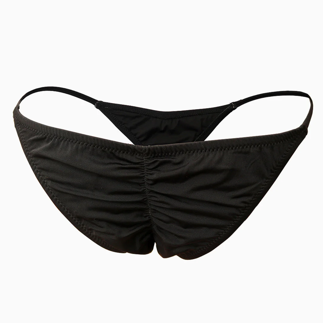 Brazilian Solid Color String Scrunch Cheecky Bikini Bottom - Black - Image 3