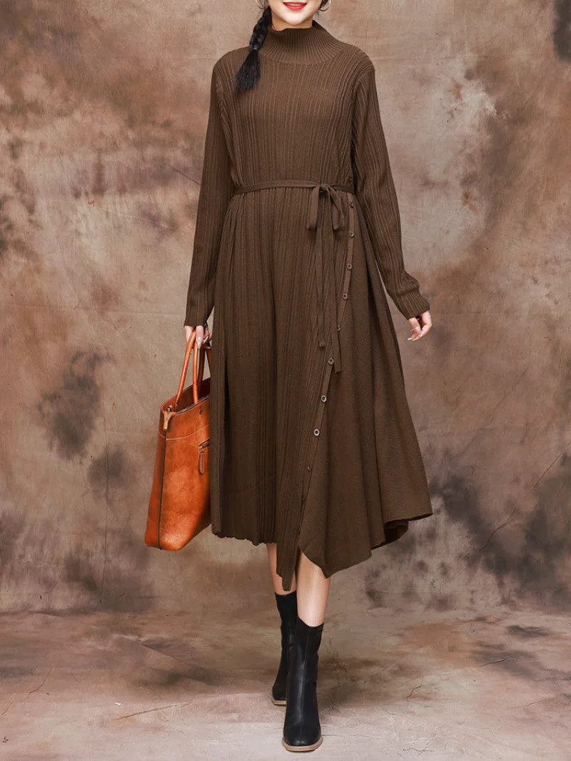 Solid Color Collar A-Line Dress with Thin Belt for Women - Image 2