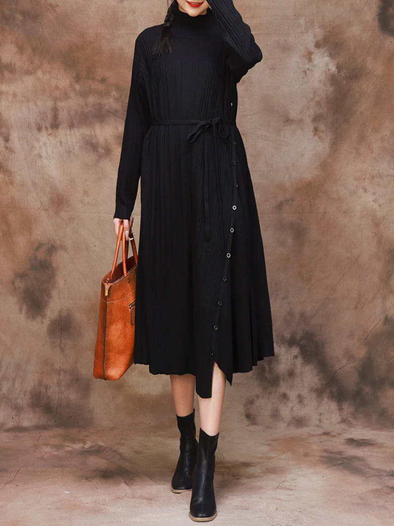 Solid Color Collar A-Line Dress with Thin Belt for Women - Image 3