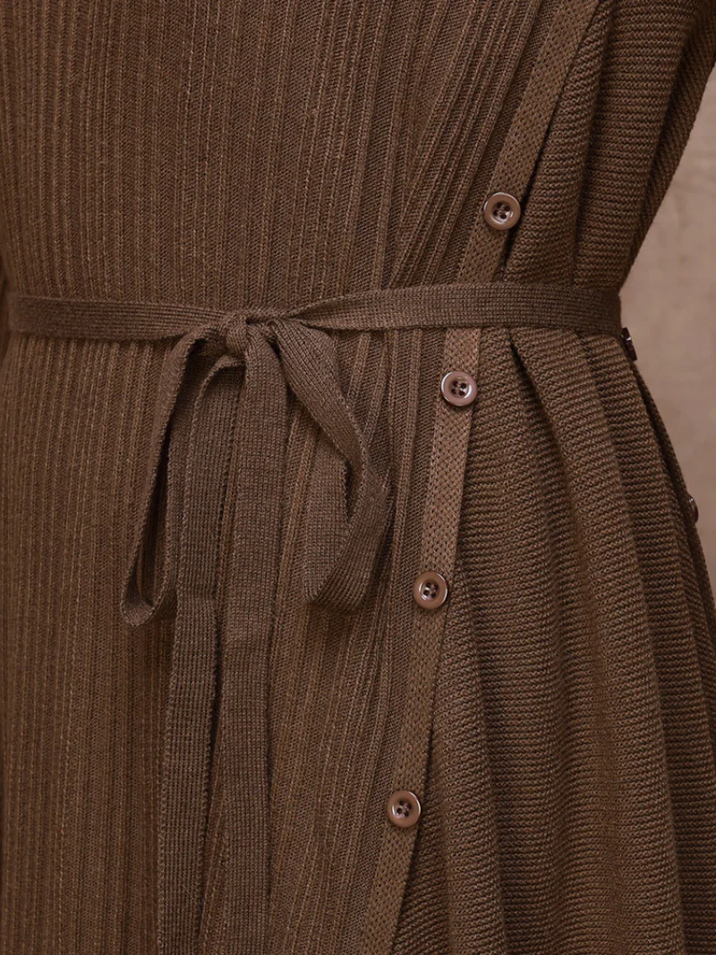 Solid Color Collar A-Line Dress with Thin Belt for Women - Image 4
