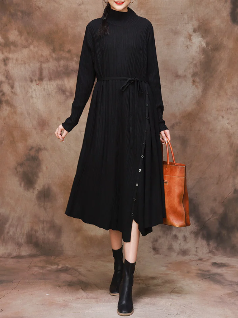 Solid Color Collar A-Line Dress with Thin Belt for Women - Image 5