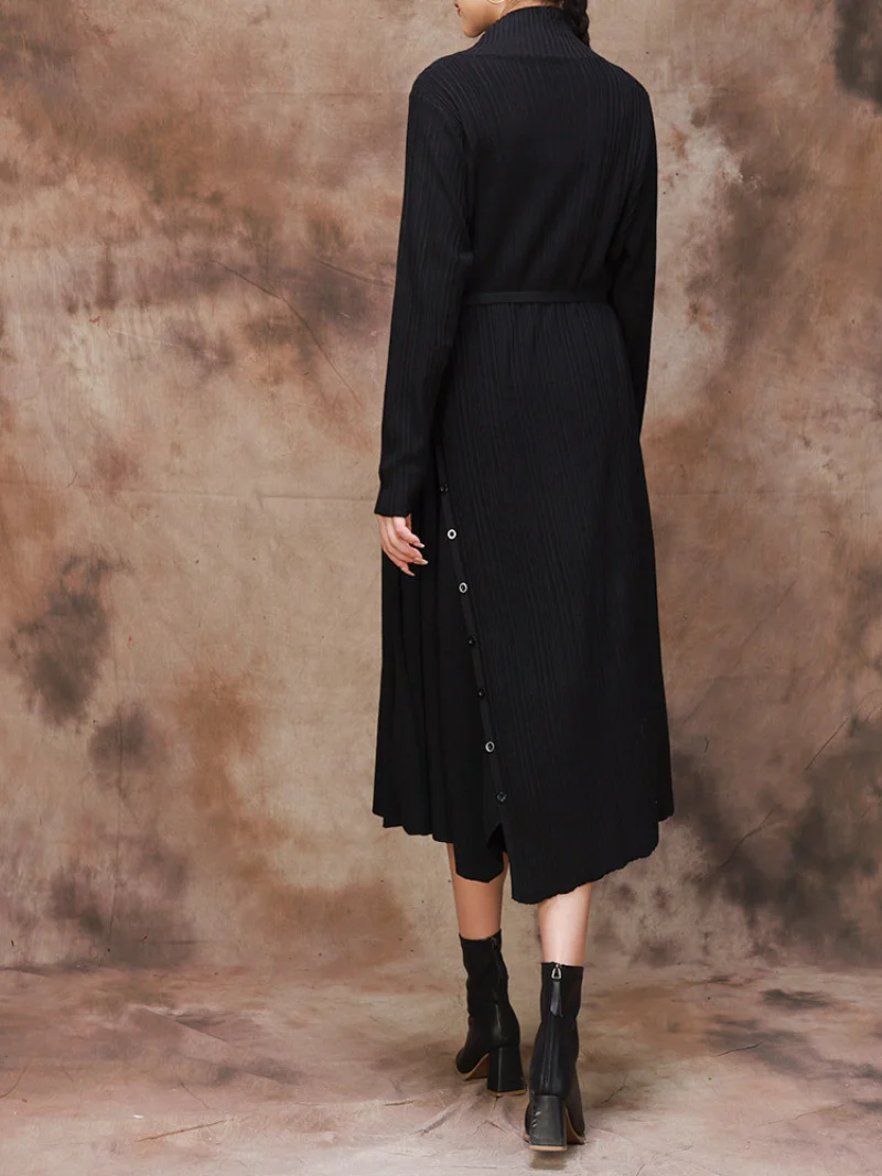 Solid Color Collar A-Line Dress with Thin Belt for Women - Image 7