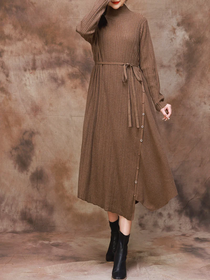 Solid Color Collar A-Line Dress with Thin Belt for Women - Image 8
