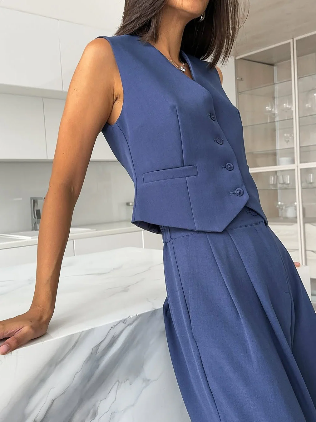 Solid Color Blazer Vest Two Piece Set - Image 2