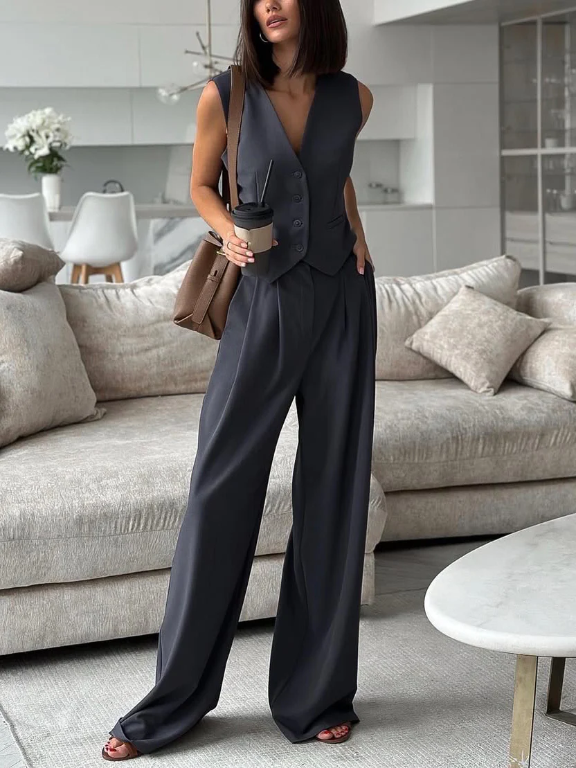 Solid Color Blazer Vest Two Piece Set - Image 3