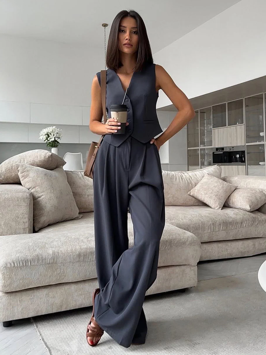 Solid Color Blazer Vest Two Piece Set - Image 4
