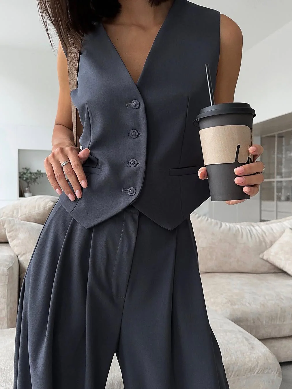 Solid Color Blazer Vest Two Piece Set - Image 6