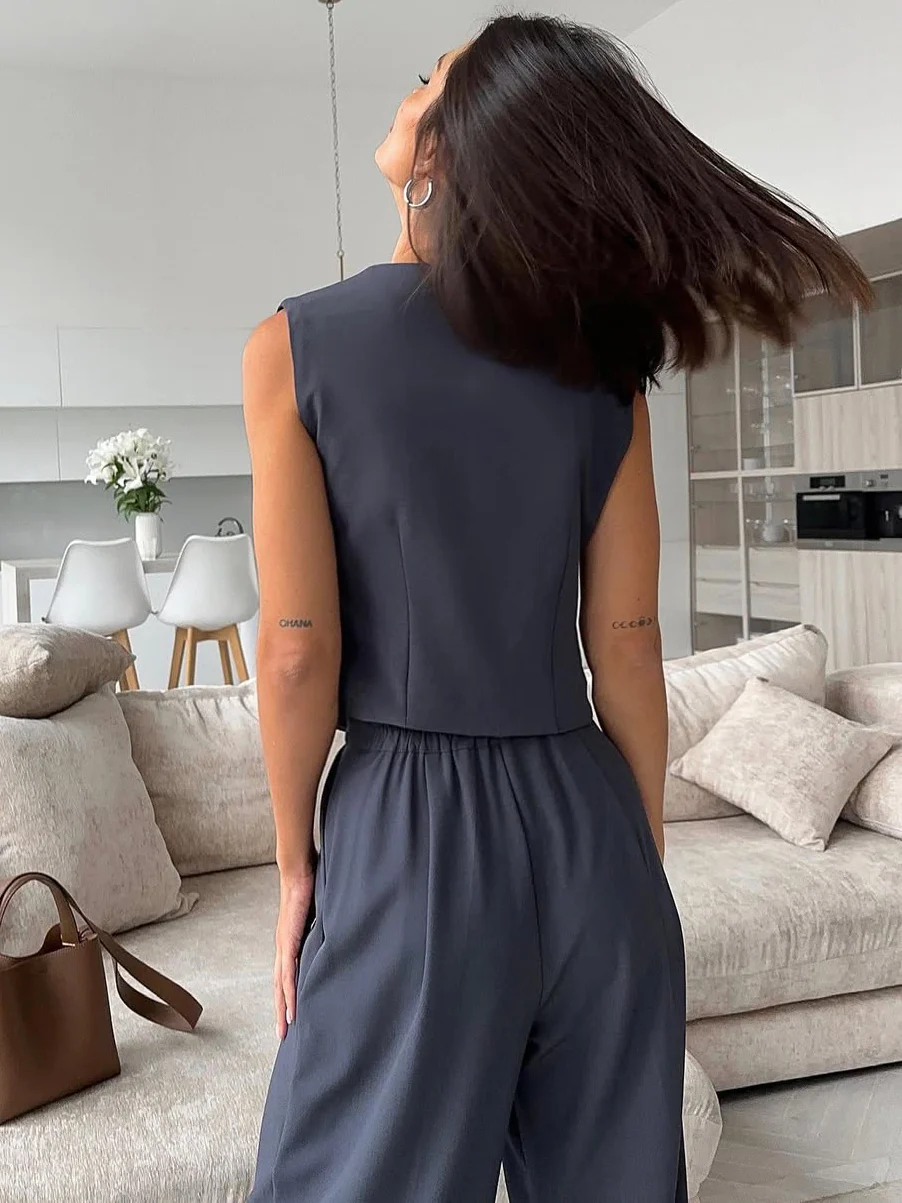 Solid Color Blazer Vest Two Piece Set - Image 7