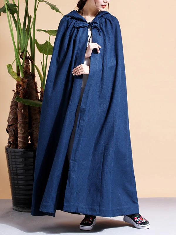 Solid Color Hooded Linen Cape Coat - Image 10