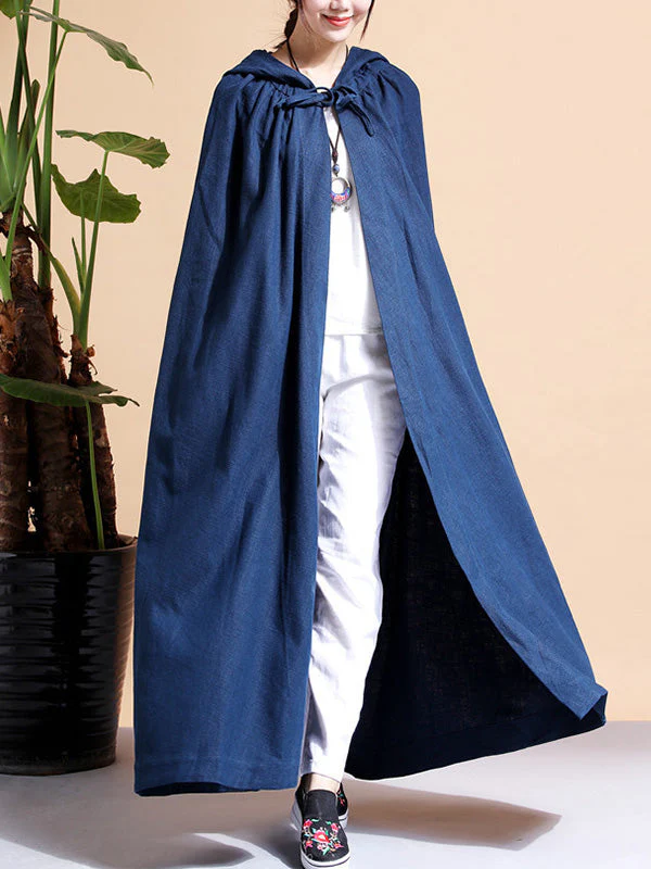 Solid Color Hooded Linen Cape Coat - Image 11