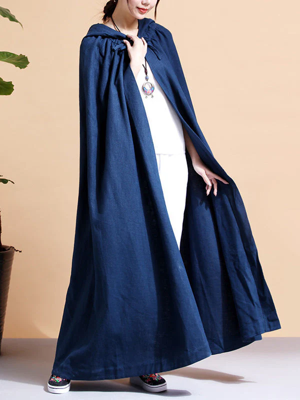 Solid Color Hooded Linen Cape Coat - Image 12