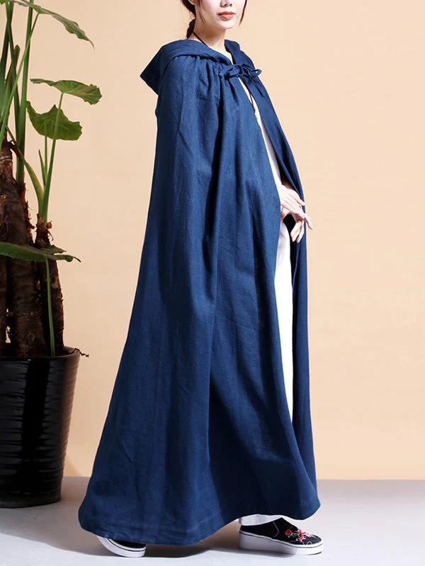 Solid Color Hooded Linen Cape Coat - Image 13