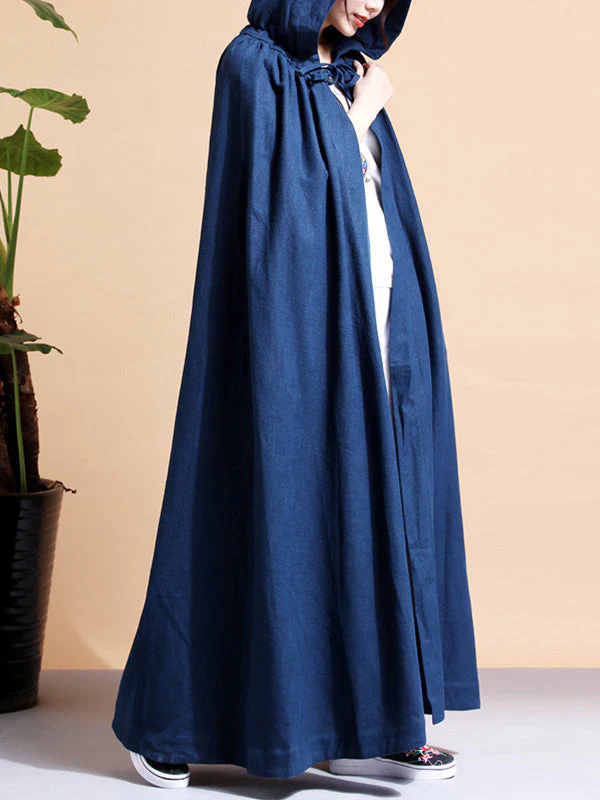 Solid Color Hooded Linen Cape Coat - Image 14