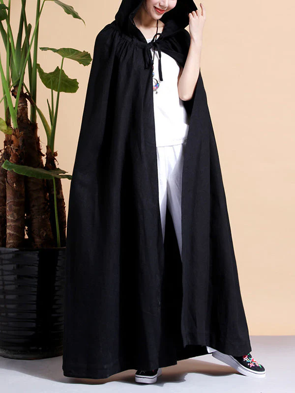 Solid Color Hooded Linen Cape Coat - Image 16