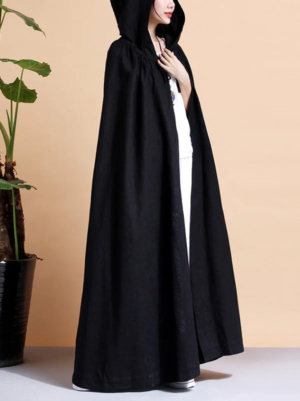 Solid Color Hooded Linen Cape Coat - Image 17
