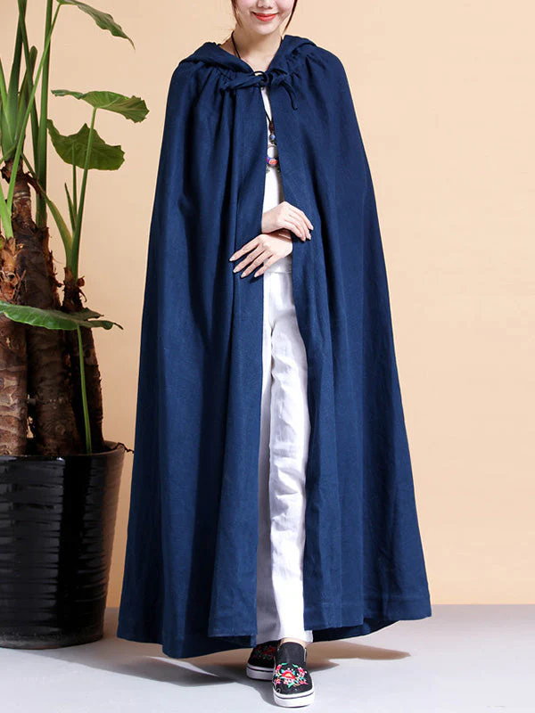 Solid Color Hooded Linen Cape Coat - Image 2