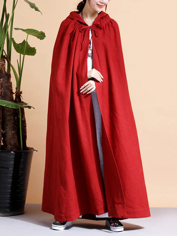 Solid Color Hooded Linen Cape Coat - Image 3