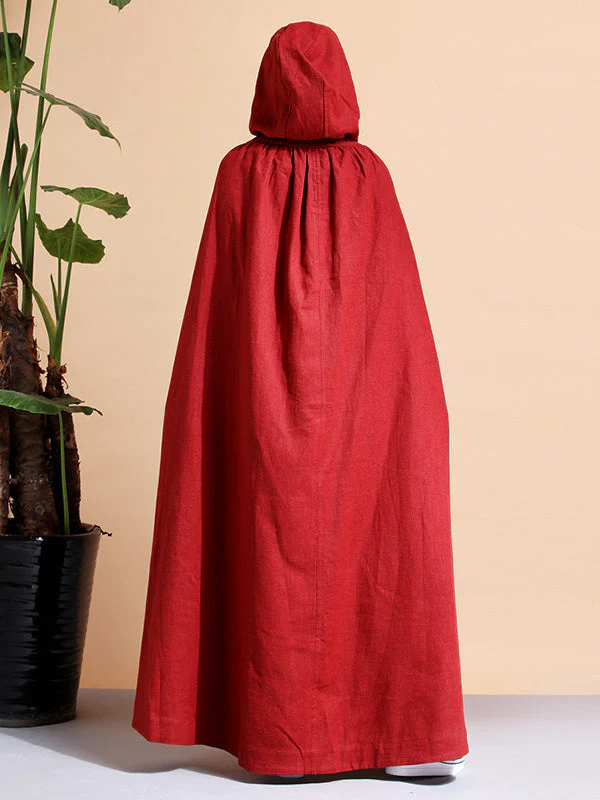 Solid Color Hooded Linen Cape Coat - Image 4