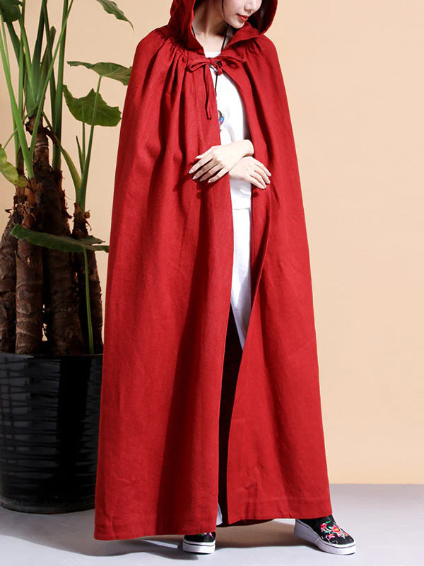 Solid Color Hooded Linen Cape Coat - Image 5