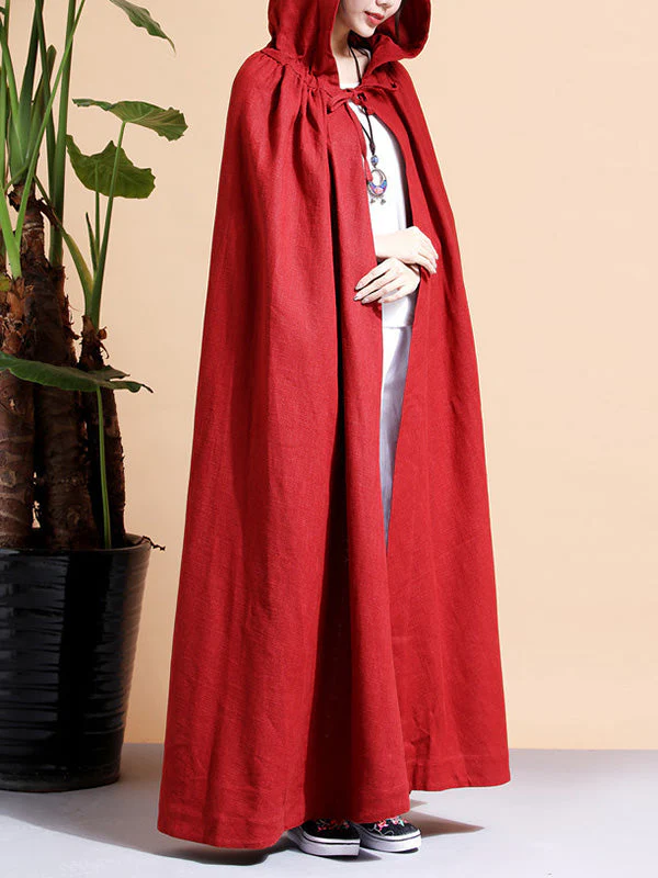 Solid Color Hooded Linen Cape Coat - Image 7