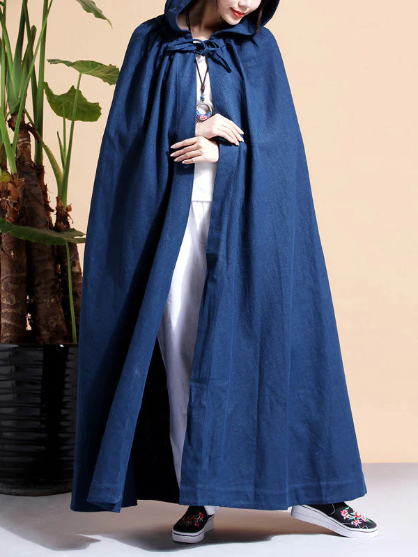 Solid Color Hooded Linen Cape Coat - Image 9