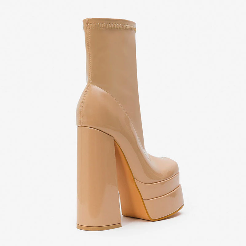 Solid Color Patent Leather Chunky High Heel Platform Ankle Boots - Apricot - Image 3