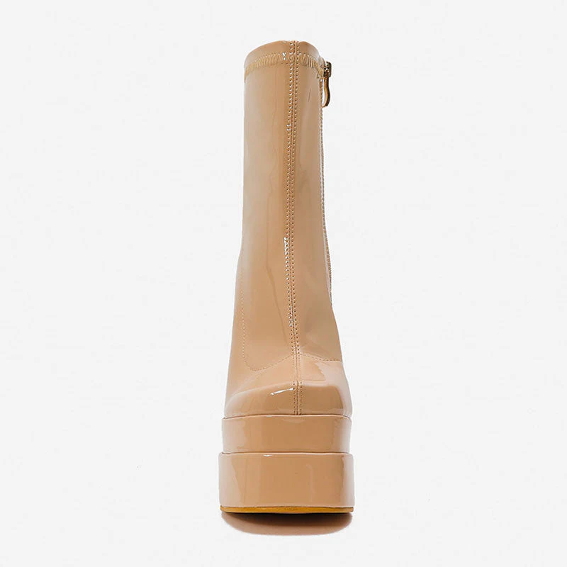 Solid Color Patent Leather Chunky High Heel Platform Ankle Boots - Apricot - Image 4