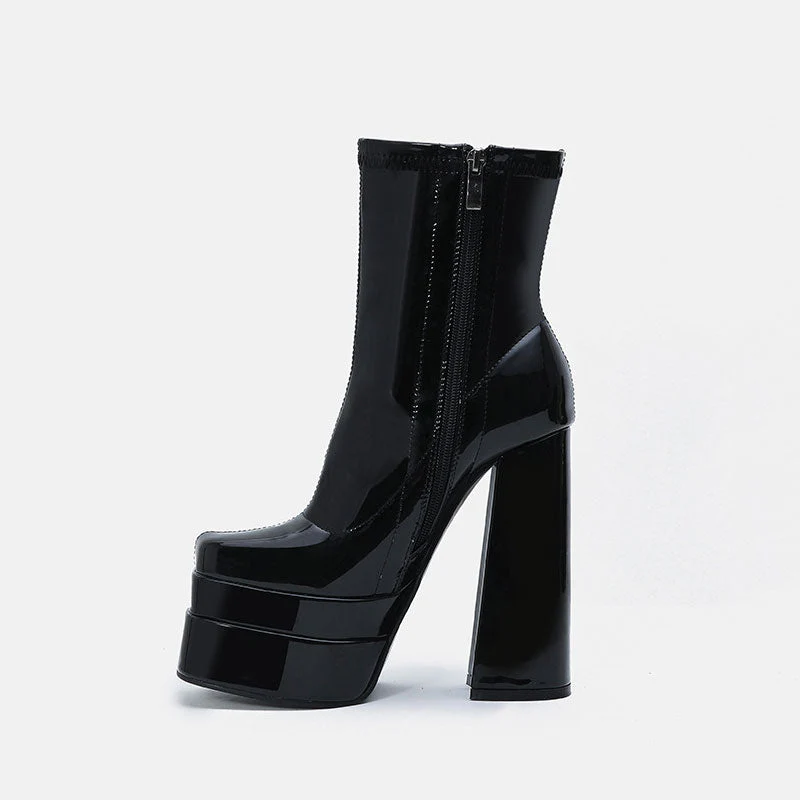 Solid Color Patent Leather Chunky High Heel Platform Ankle Boots - Black - Image 4
