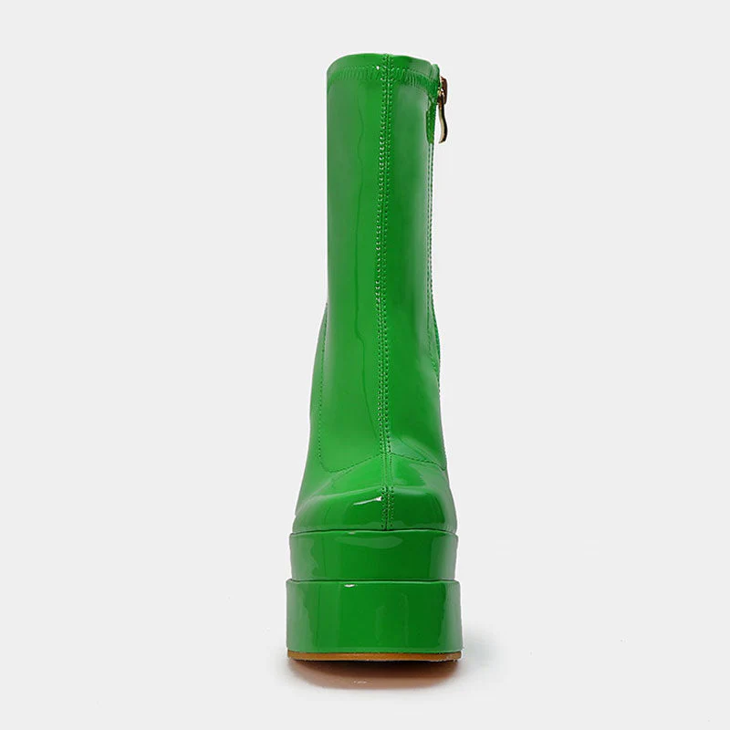 Solid Color Patent Leather Chunky High Heel Platform Ankle Boots - Green - Image 3