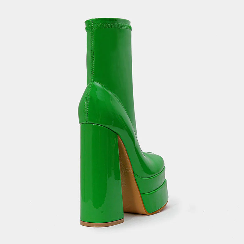 Solid Color Patent Leather Chunky High Heel Platform Ankle Boots - Green - Image 4