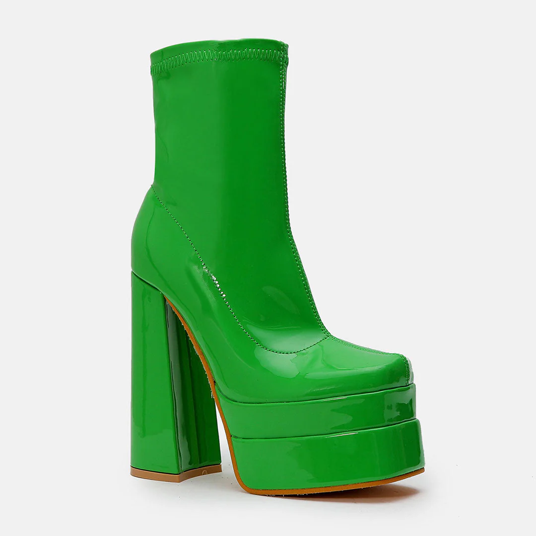 Solid Color Patent Leather Chunky High Heel Platform Ankle Boots - Green - Image 5