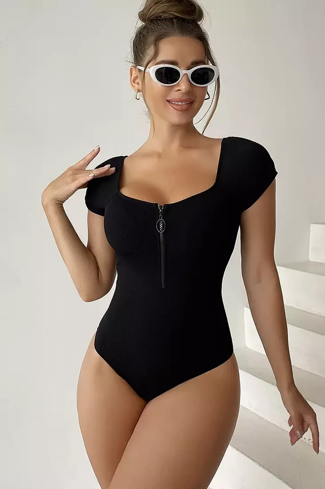 Solid Front Zipper Round Neck Bathing Suit - Image 3