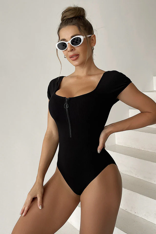 Solid Front Zipper Round Neck Bathing Suit - Image 4