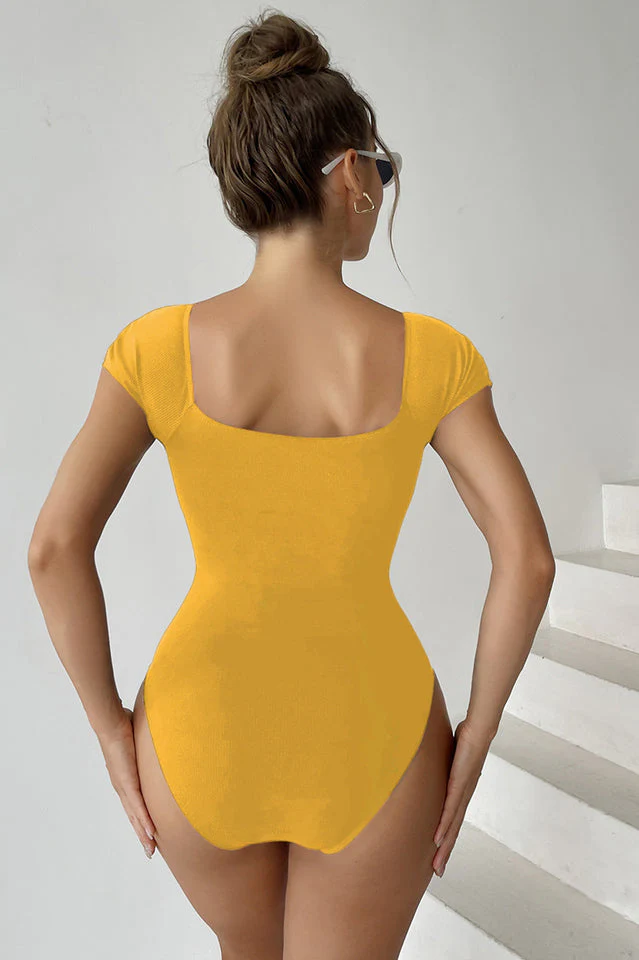 Solid Front Zipper Round Neck Bathing Suit - Image 6