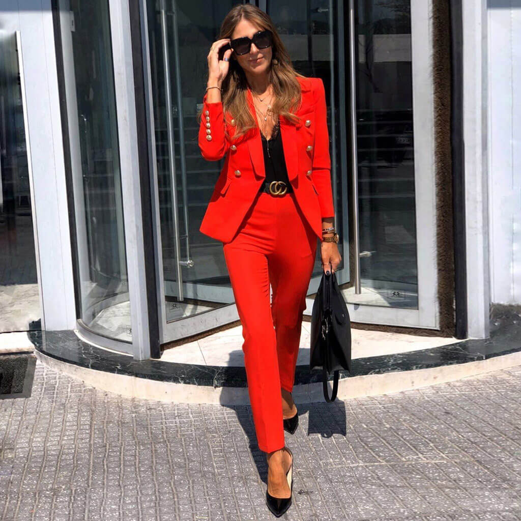 Solid High Waist Long Sleeve Button Front Blazer Matching Set - Red - Image 3