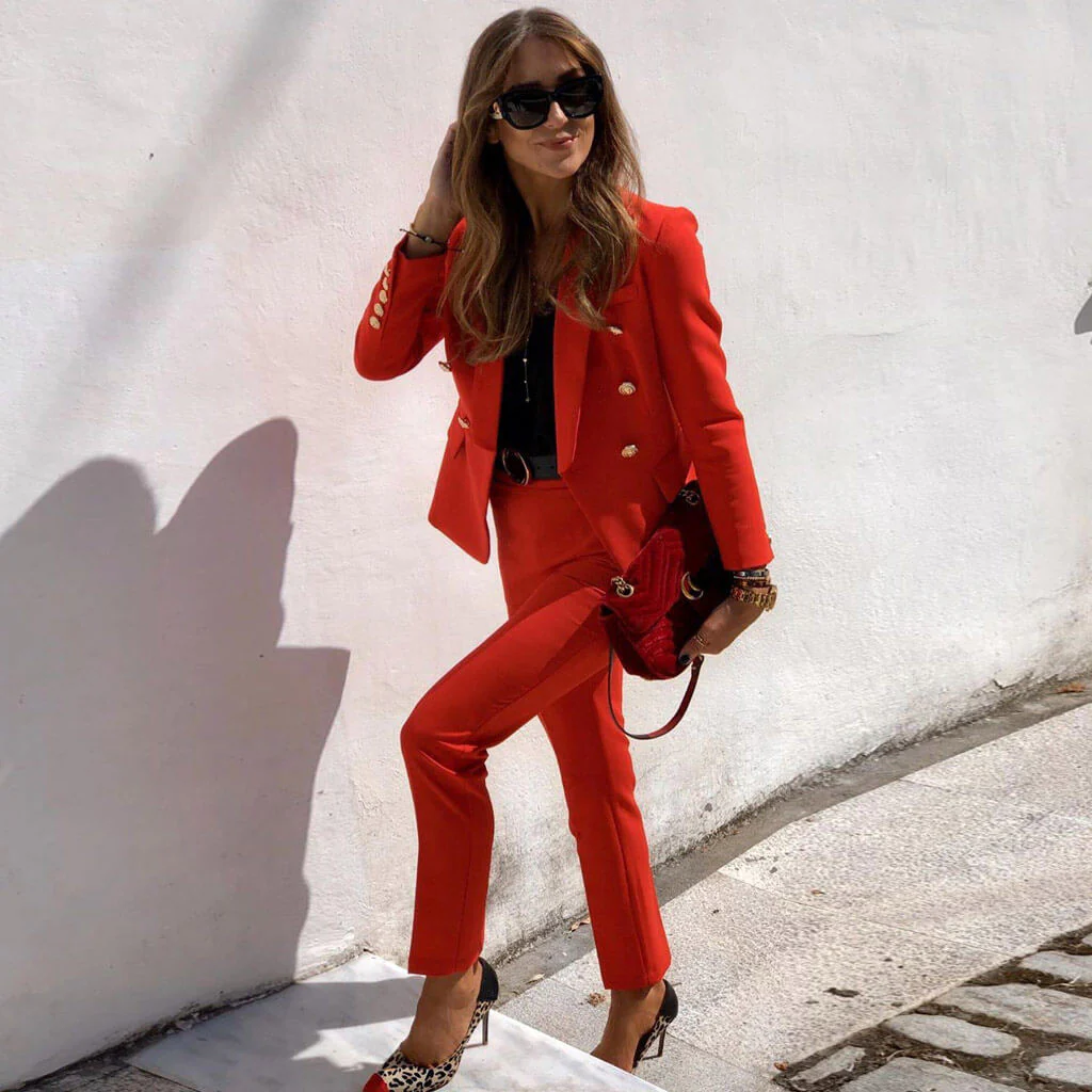 Solid High Waist Long Sleeve Button Front Blazer Matching Set - Red - Image 4