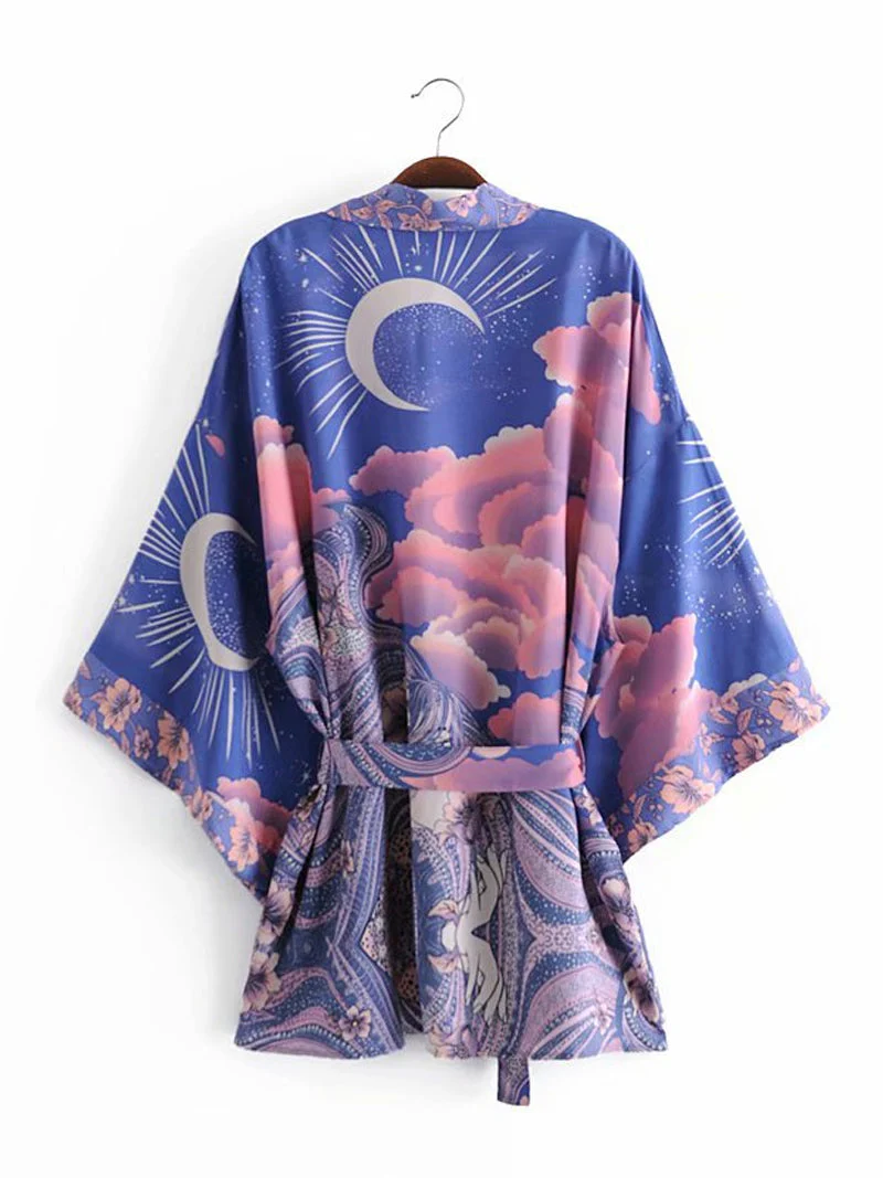 Short Length Floral Print Blue Color Cotton Gown Kimono Duster Robe - Image 2