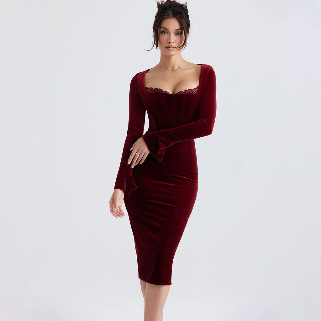 Sophisticated Lace Trim Square Neck Long Sleeve Bodycon Velvet Corset Midi Dress - Image 3