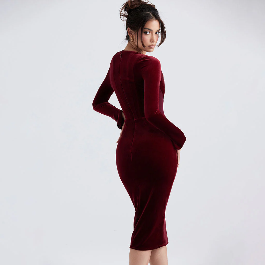 Sophisticated Lace Trim Square Neck Long Sleeve Bodycon Velvet Corset Midi Dress - Image 4