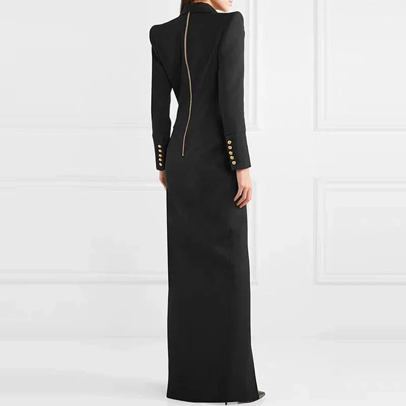 Sophisticated Peak Lapel Double Breasted Zip Back High Split Long Sleeve Tailored Coat - Image 3