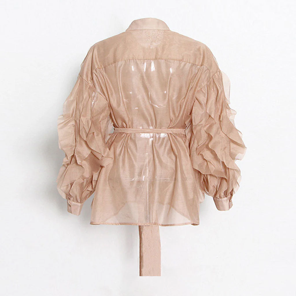 Sophisticated Point Collar Button Front Tie Waist Long Sleeve Layered Ruffle Blouse - Image 2
